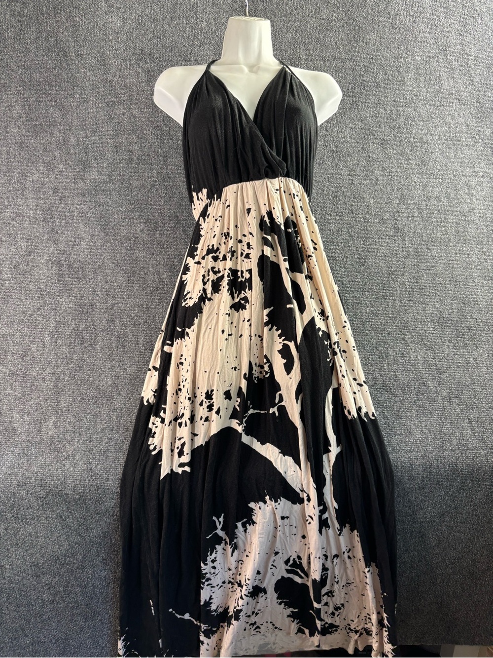 Black & Cream Halter Wrap Maxi Dress - Elegant Women's Evening Gown